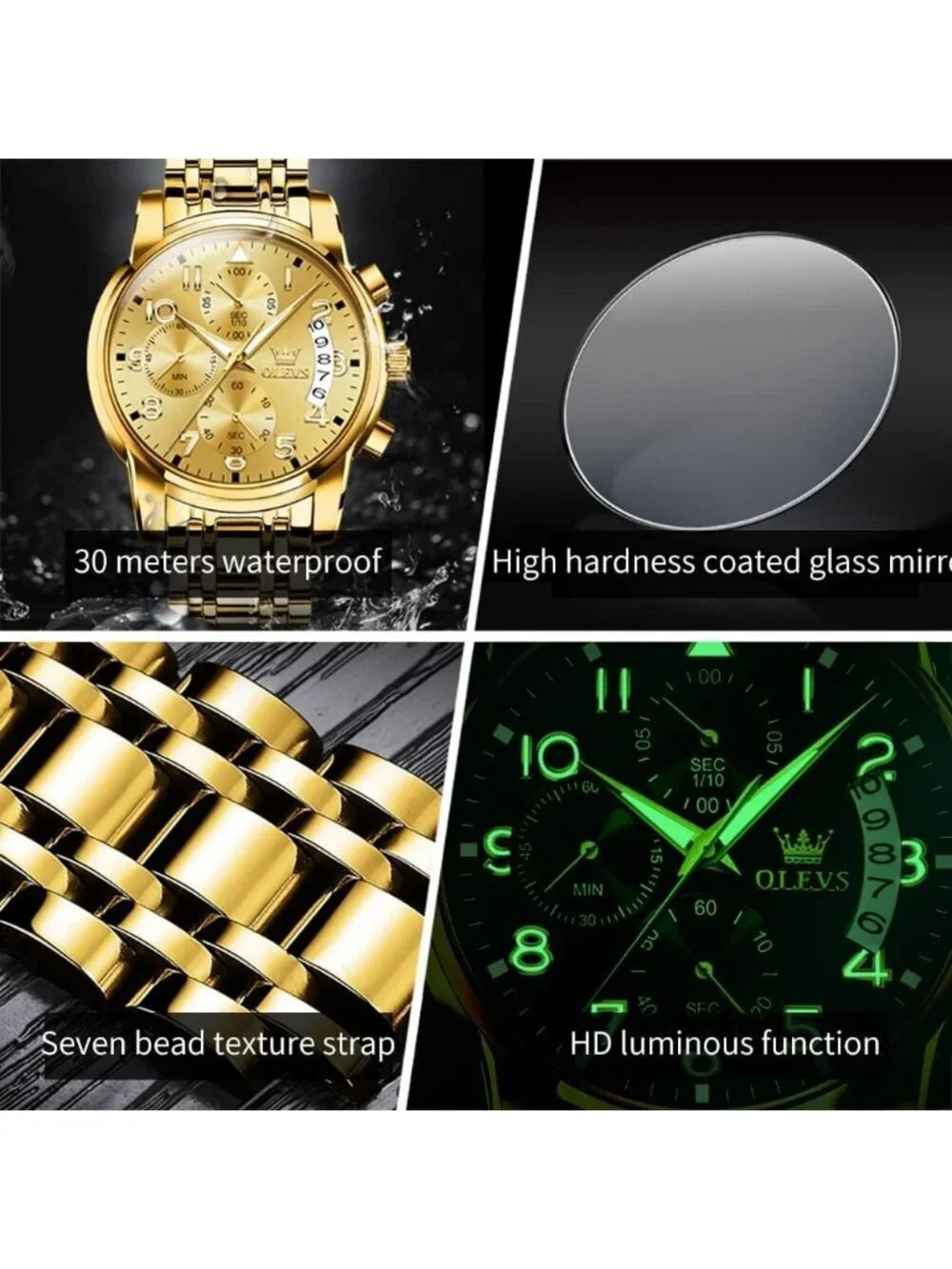 Olevs Men's All Gold Multifunction Waterproof Luminous Chronograph Wrist Watch